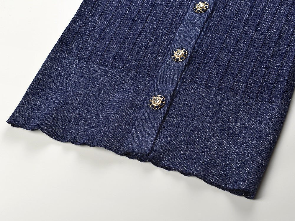 Malia Ribbed V - Neck Top – Shimmer Detail – Decorative Buttons – Fitted Knit Design