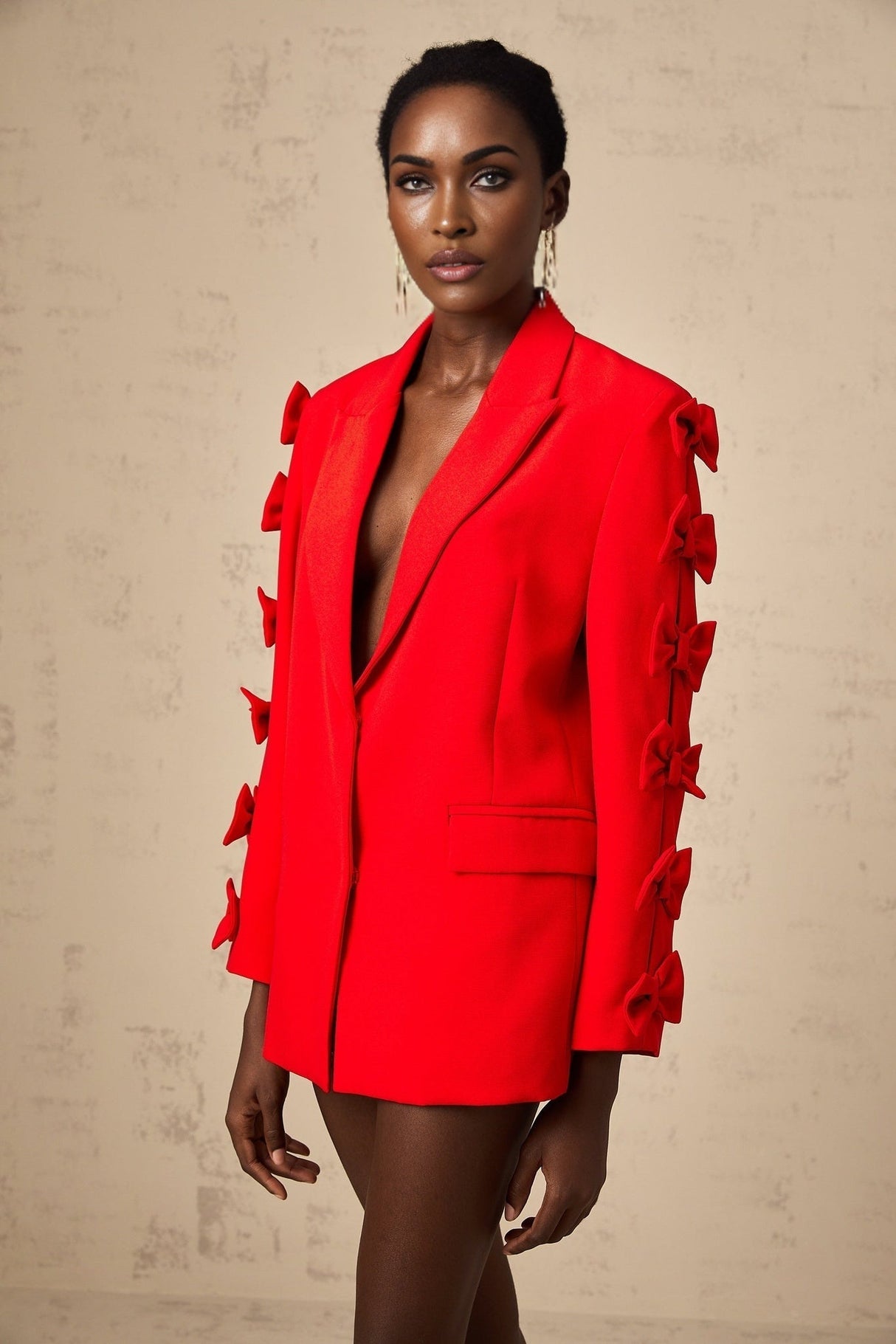 Malina Blazer - Peak Lapels - Bow Embellishment - Cut - Out Design - Loose Fit