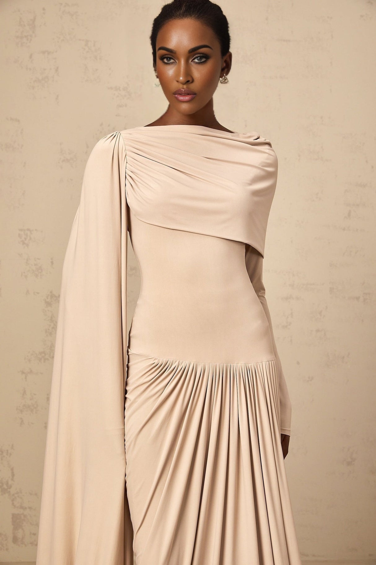 Mallory Maxi Dress with Cape and Ribbon Design