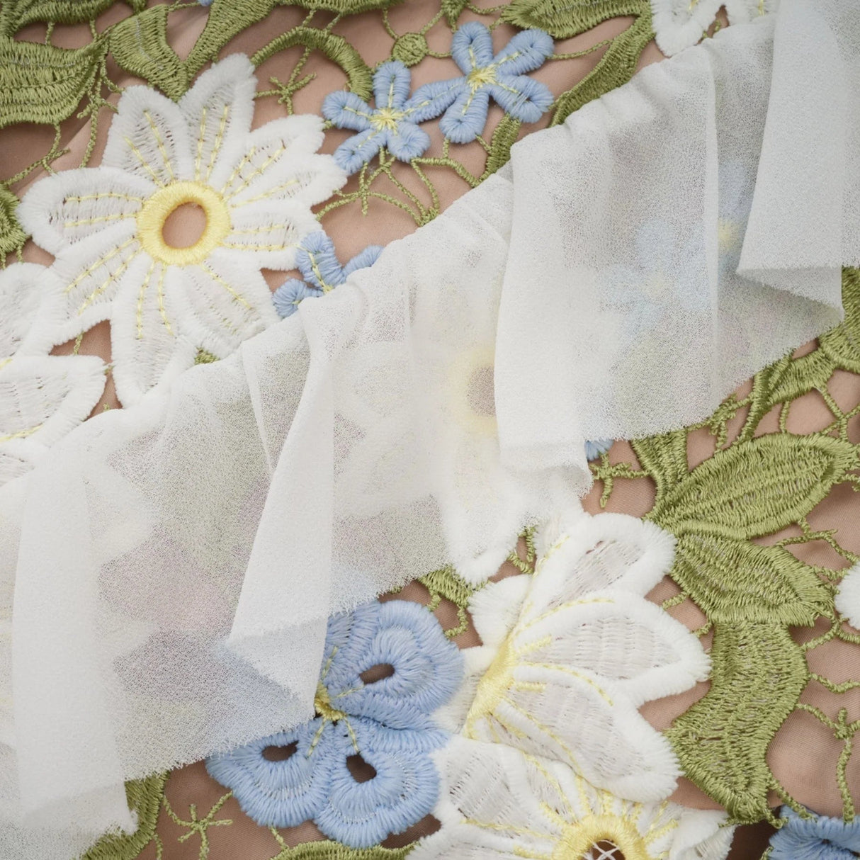 Mallory Midi Dress Green Multicolor Floral Embroidery Ruffle Detailing