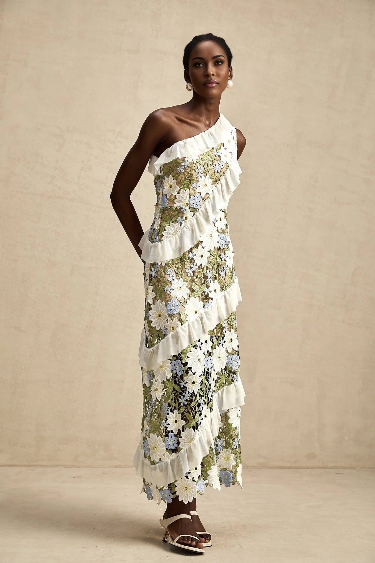 Mallory Midi Dress Green Multicolor Floral Embroidery Ruffle Detailing