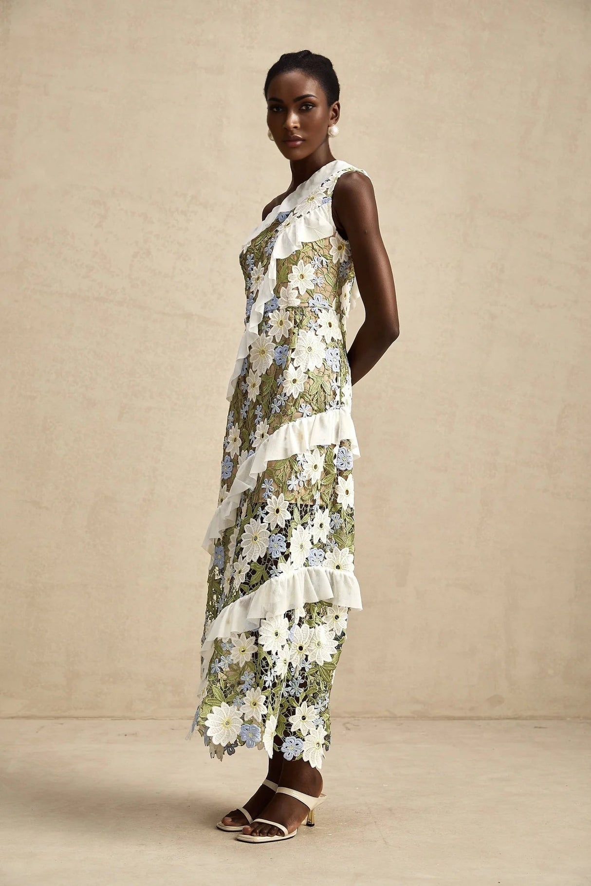 Mallory Midi Dress Green Multicolor Floral Embroidery Ruffle Detailing