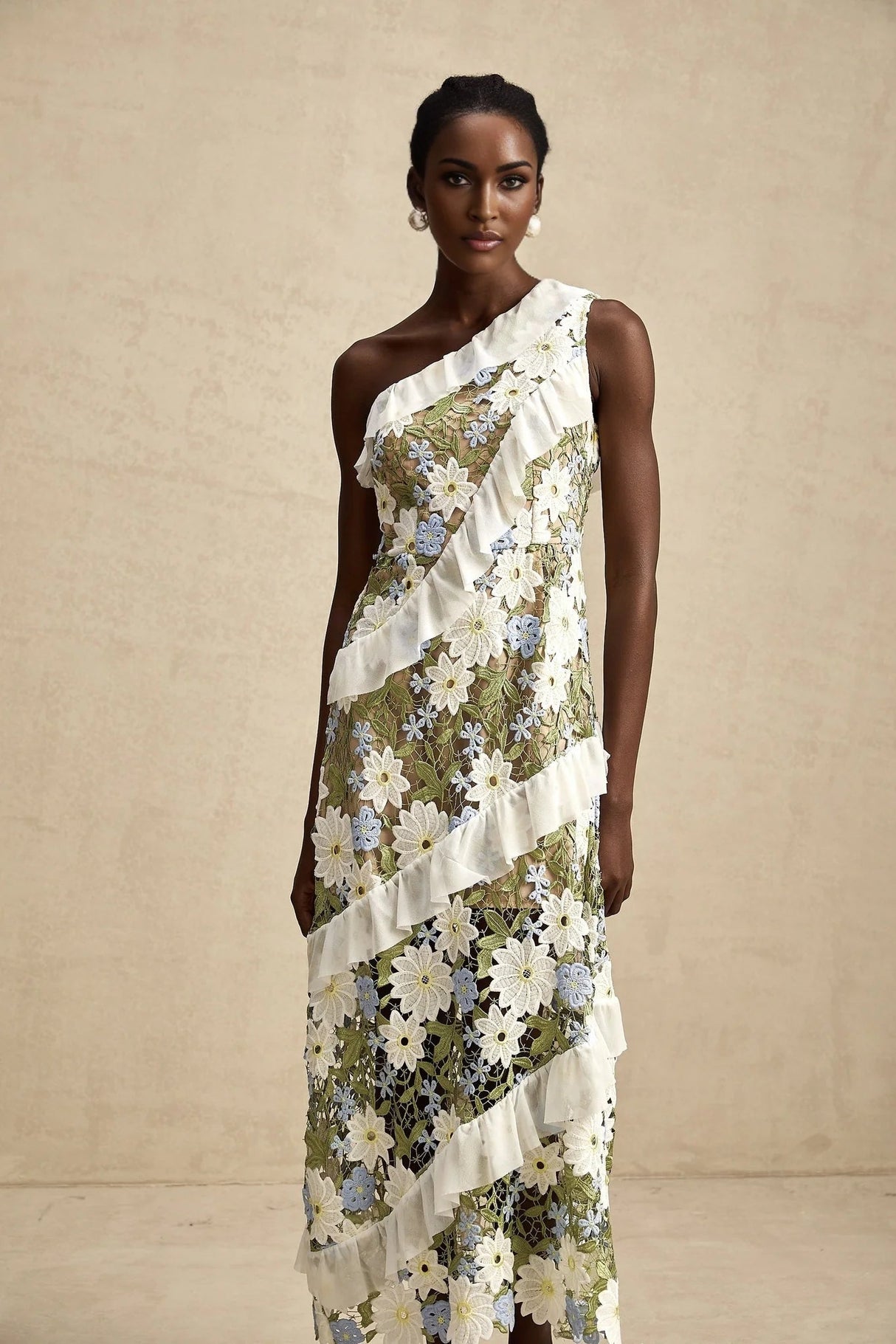 Mallory Midi Dress Green Multicolor Floral Embroidery Ruffle Detailing