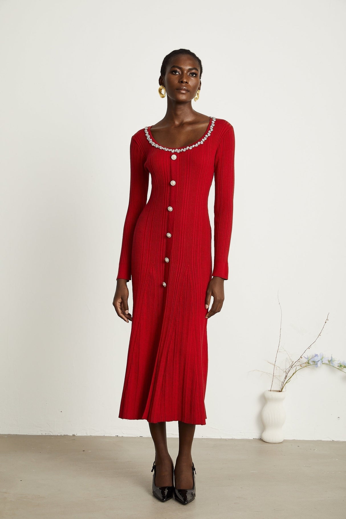 Mallory Midi Dress Red Crystal Embellished Scoop Neck