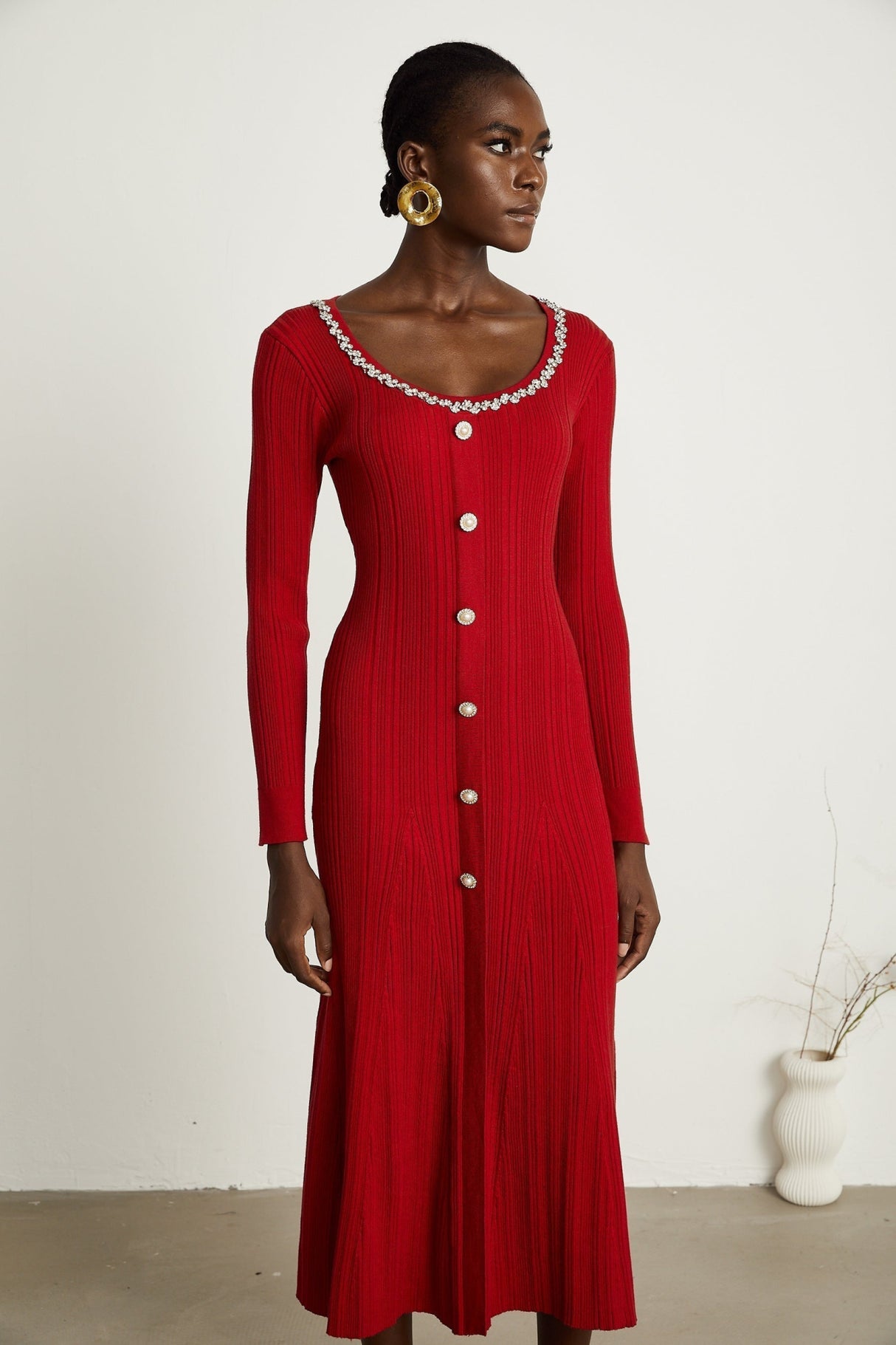 Mallory Midi Dress Red Crystal Embellished Scoop Neck