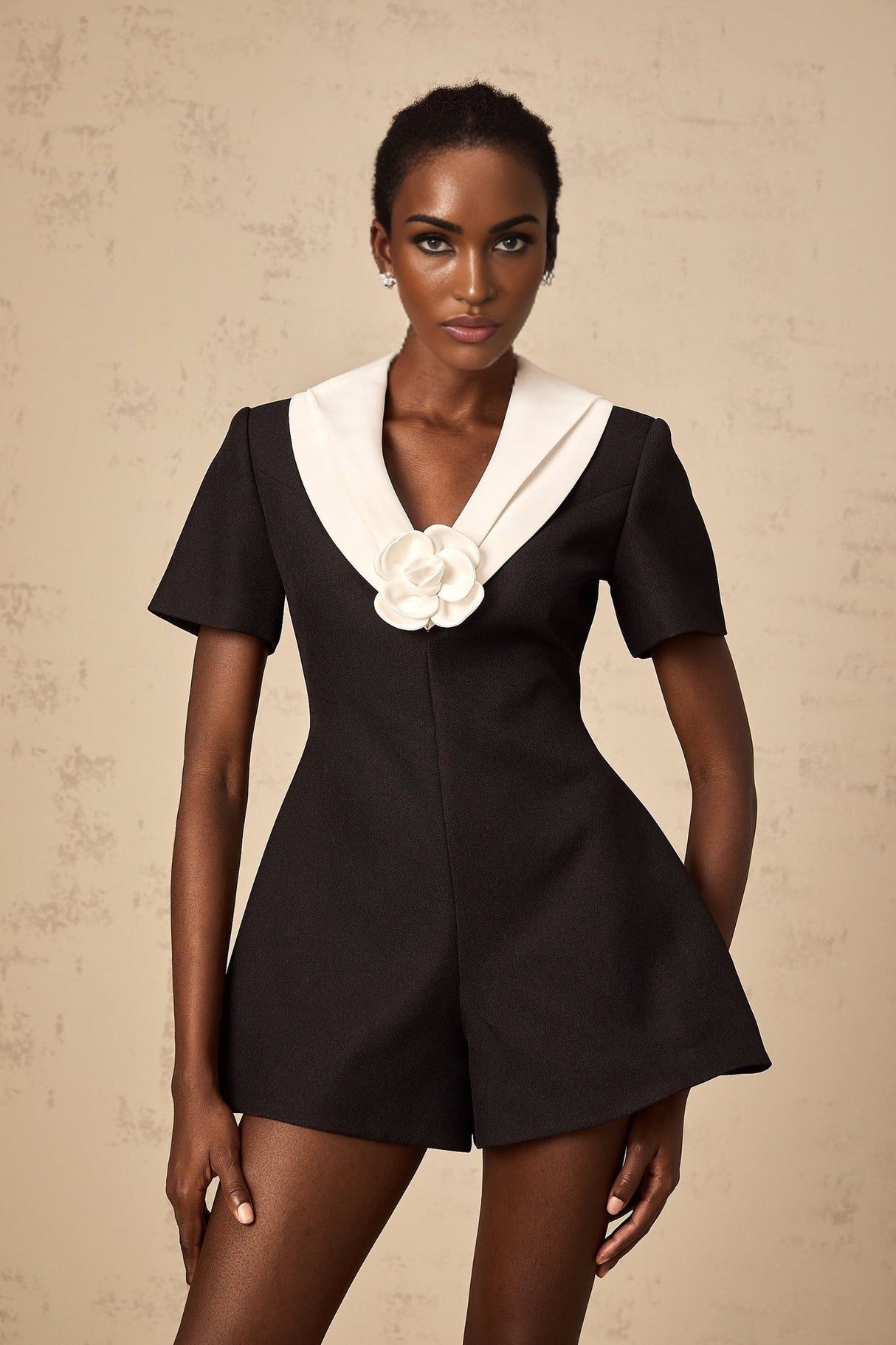 Margaret Jumpsuit Colorblocked Floral Applique Black & White