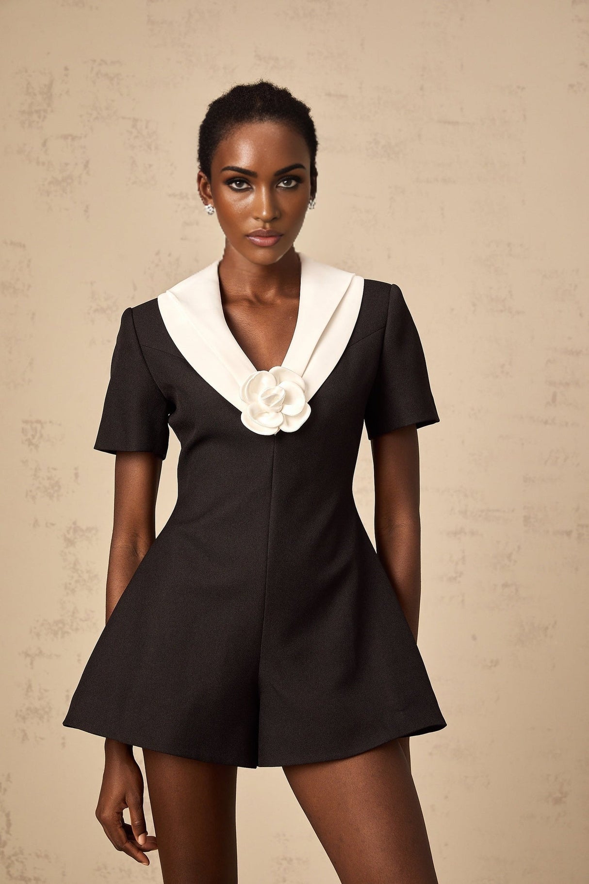 Margaret Jumpsuit Colorblocked Floral Applique Black & White