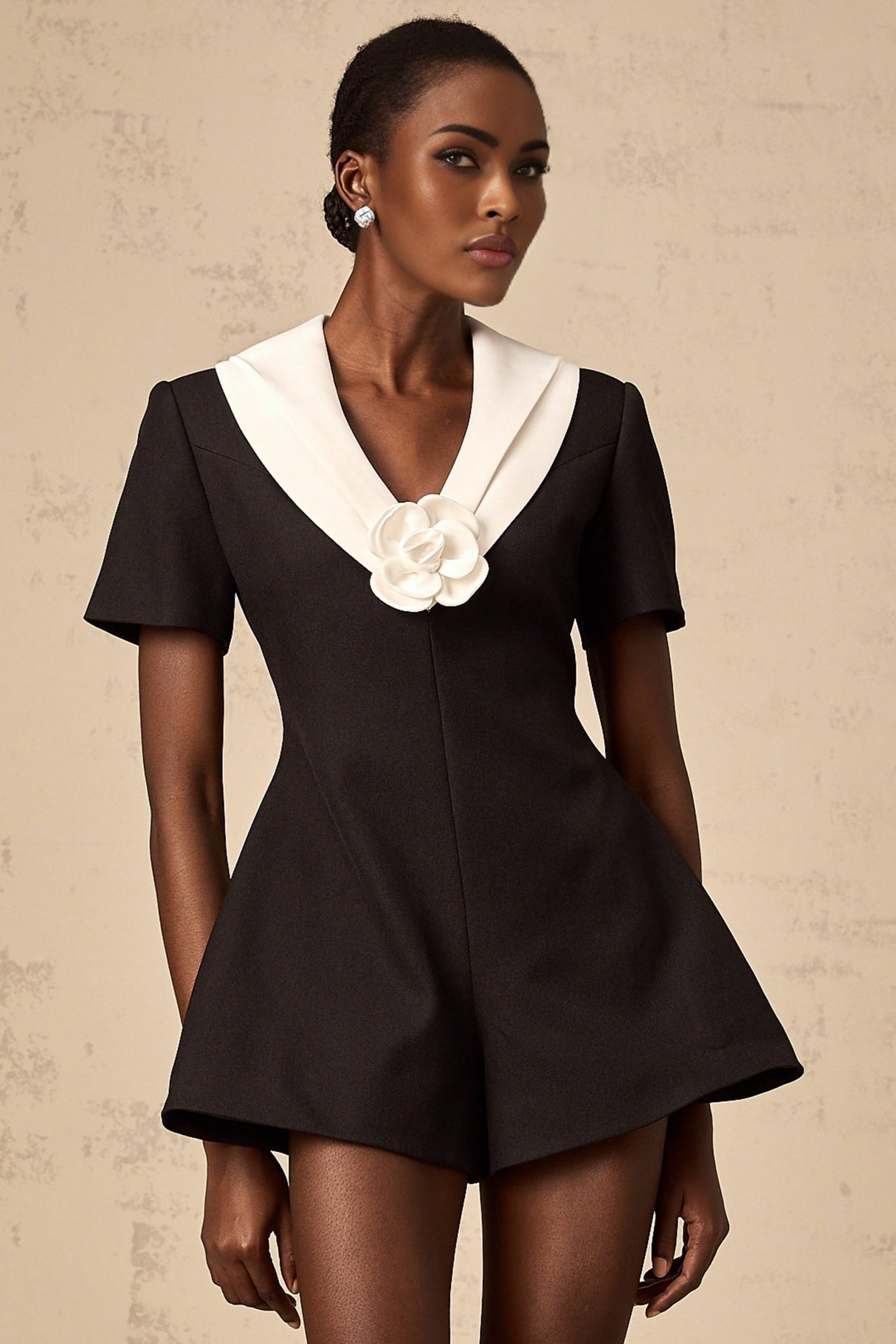 Margaret Jumpsuit Colorblocked Floral Applique Black & White