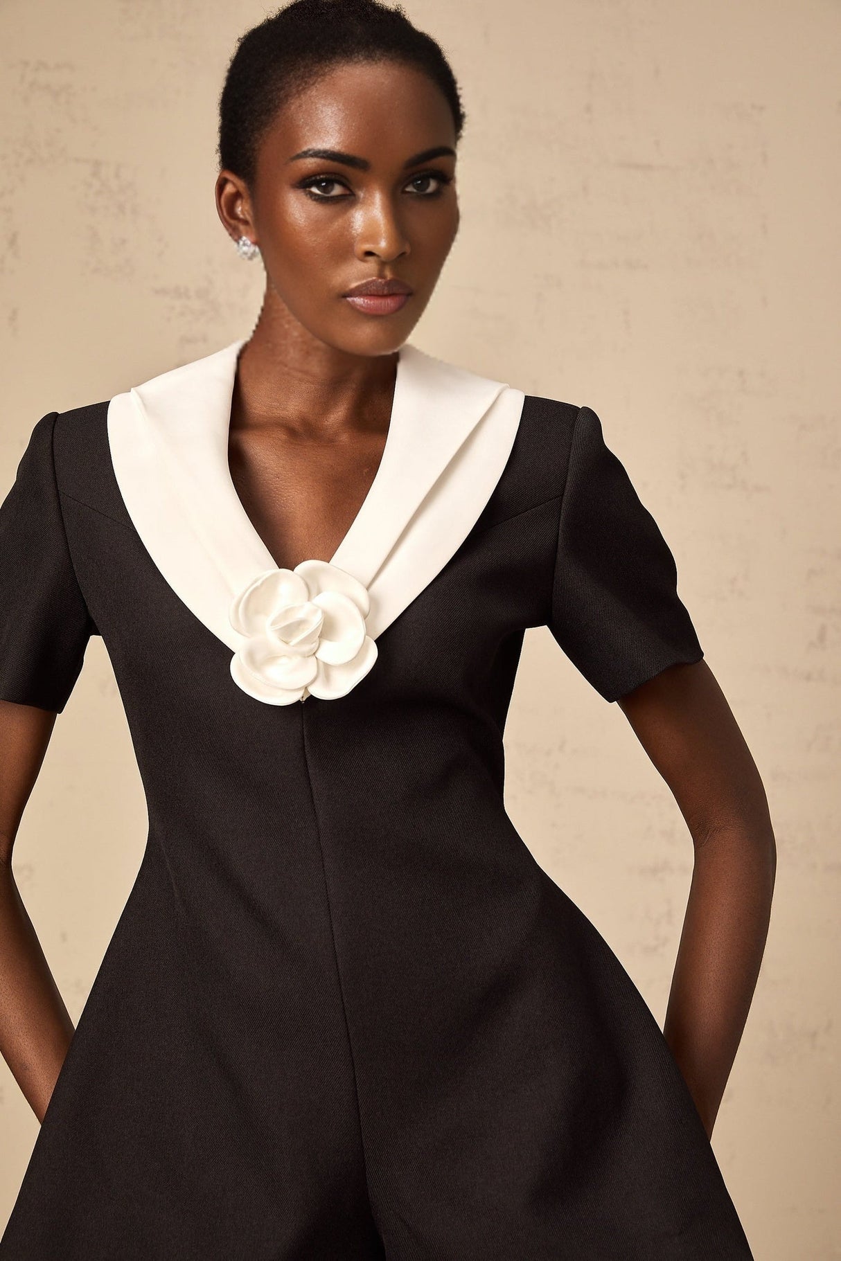 Margaret Jumpsuit Colorblocked Floral Applique Black & White