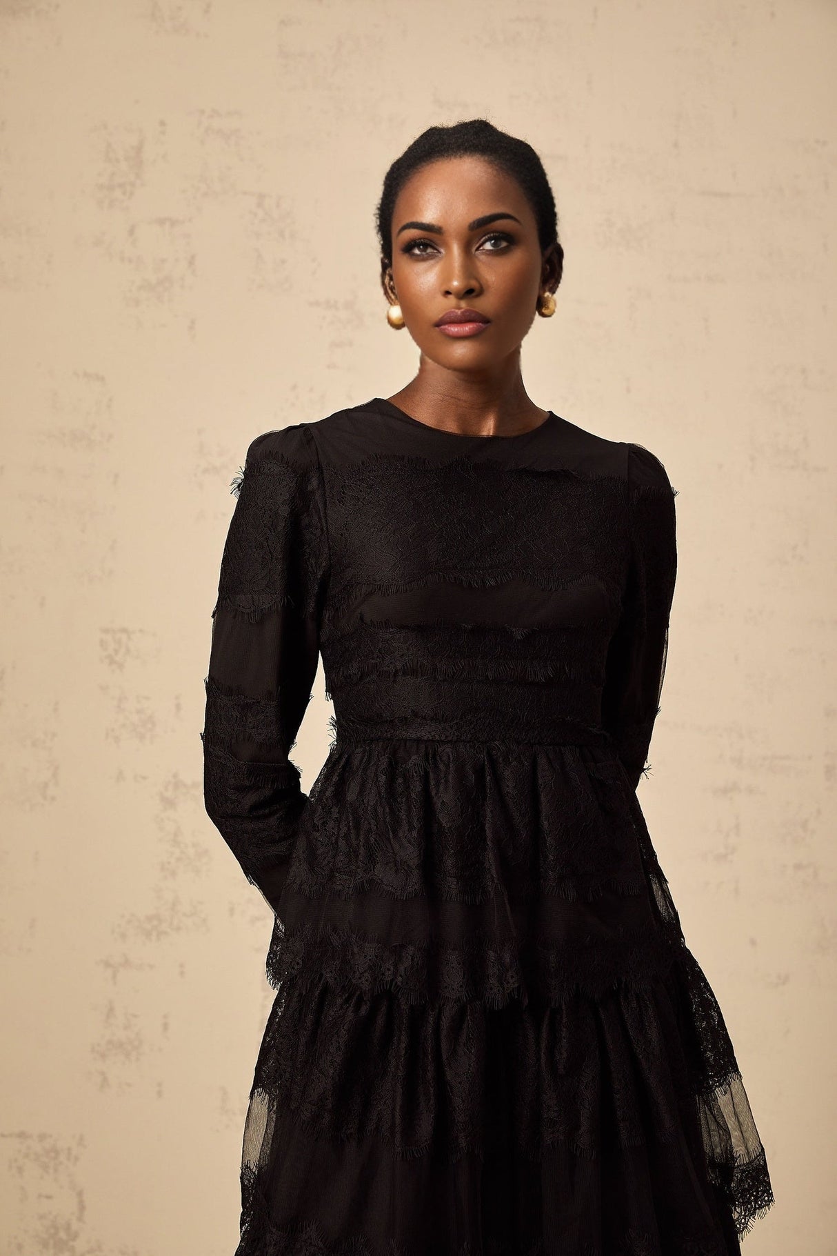 Margaret Maxi Dress Black Guipure Lace & Tulle Tiered Long Sleeve