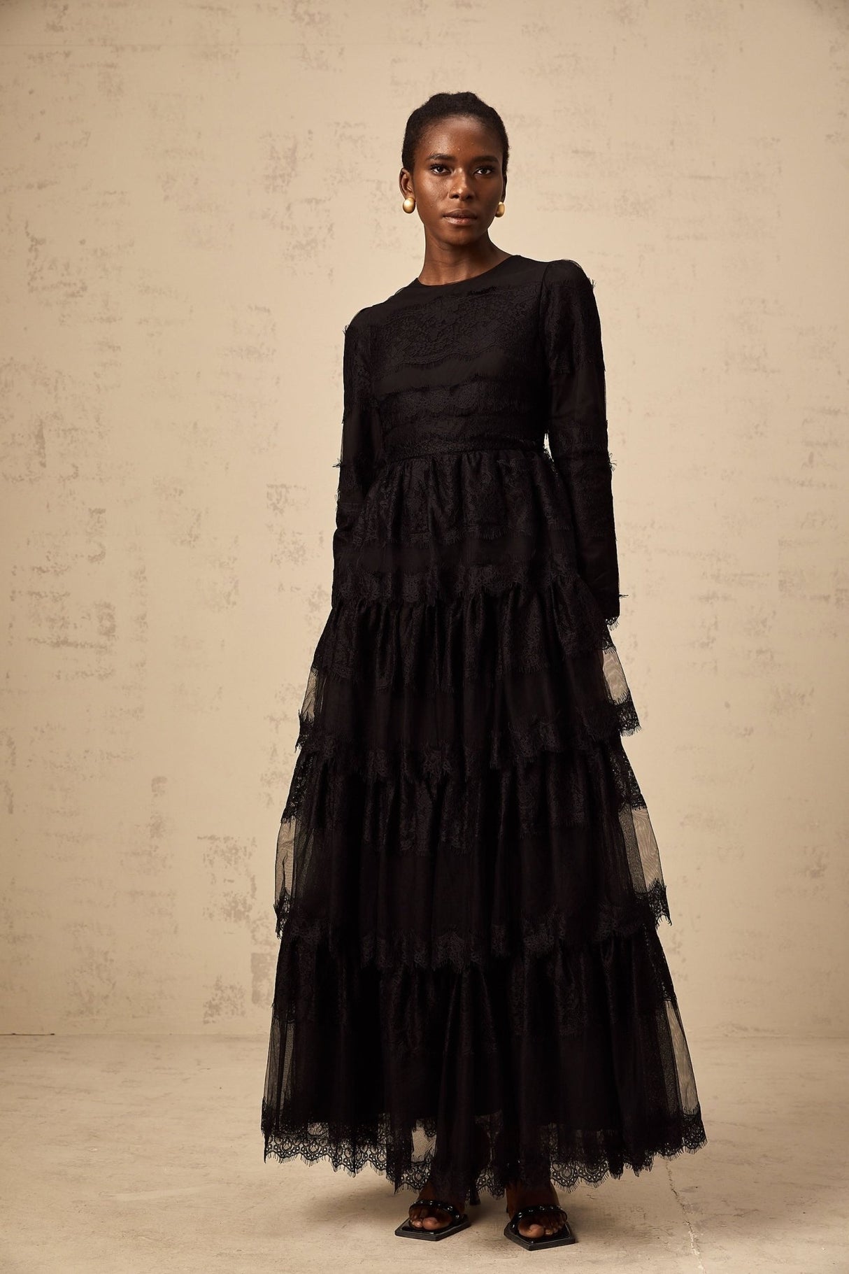 Margaret Maxi Dress Black Guipure Lace & Tulle Tiered Long Sleeve
