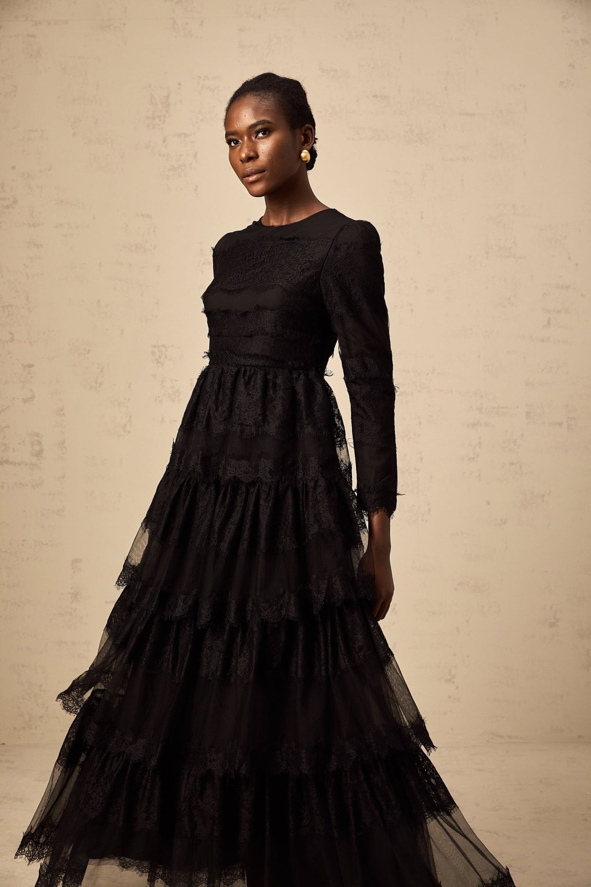 Margaret Maxi Dress Black Guipure Lace & Tulle Tiered Long Sleeve