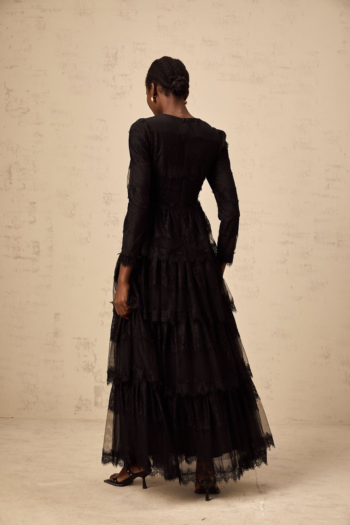 Margaret Maxi Dress Black Guipure Lace & Tulle Tiered Long Sleeve
