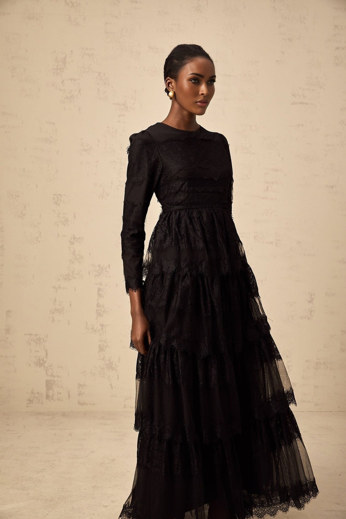 Margaret Maxi Dress Black Guipure Lace & Tulle Tiered Long Sleeve