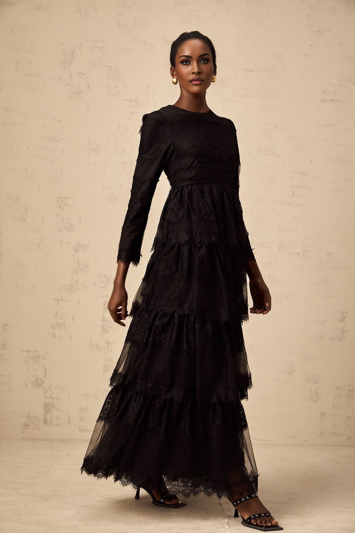 Margaret Maxi Dress Black Guipure Lace & Tulle Tiered Long Sleeve