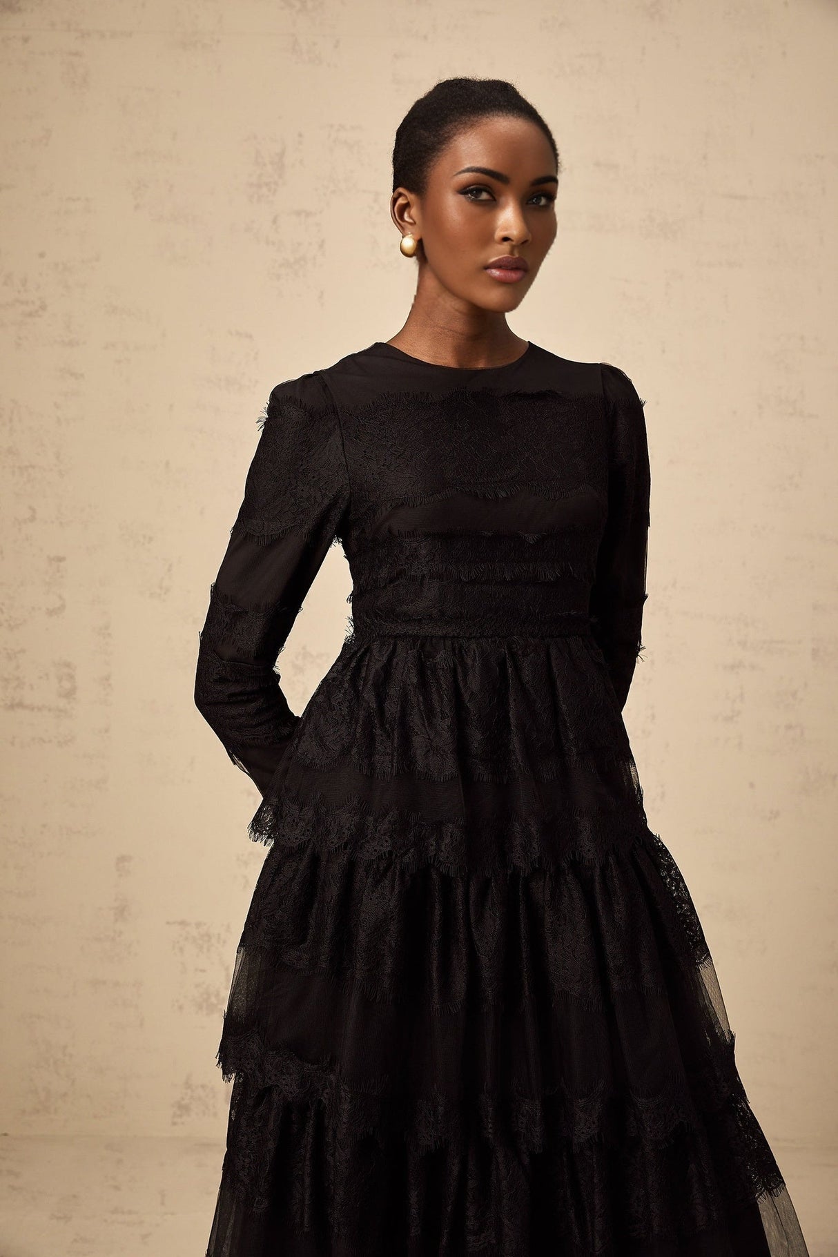 Margaret Maxi Dress Black Guipure Lace & Tulle Tiered Long Sleeve