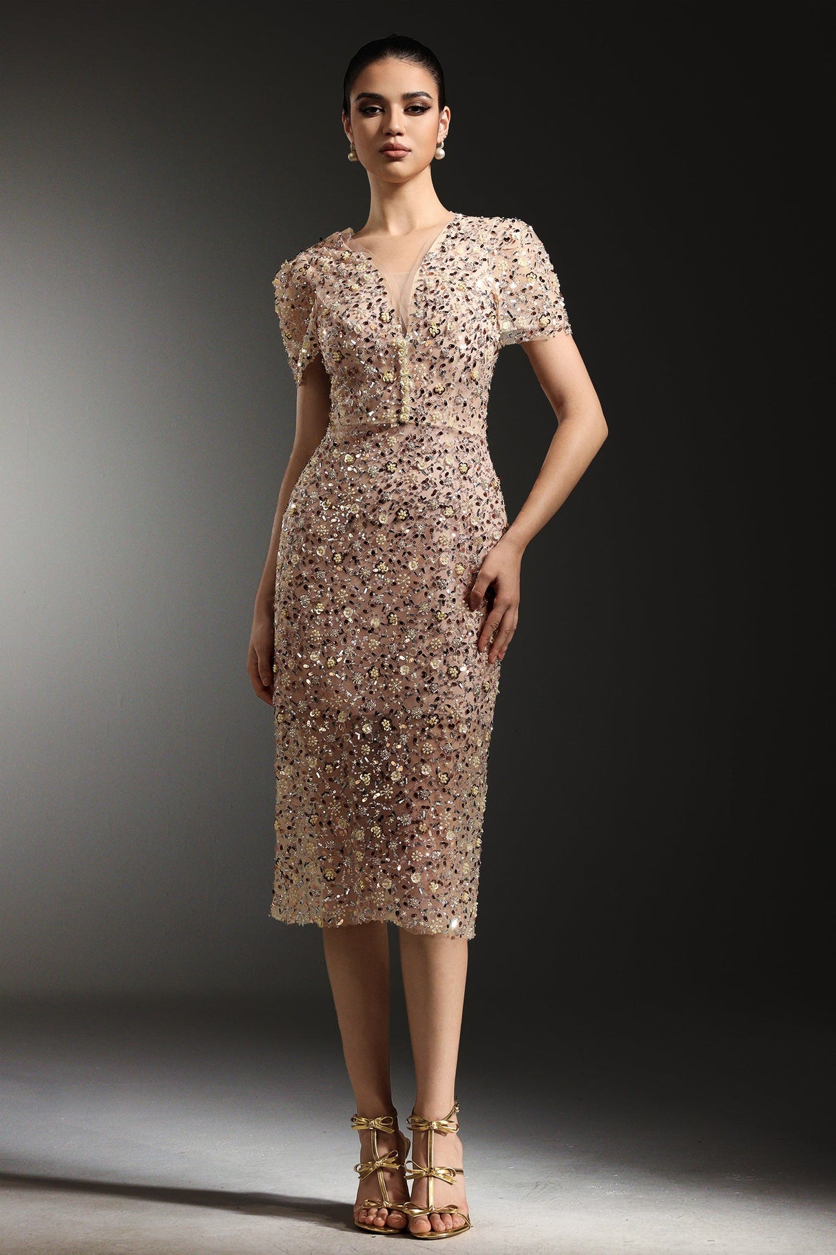 Margherita Beige Embellished V-Neck Dress