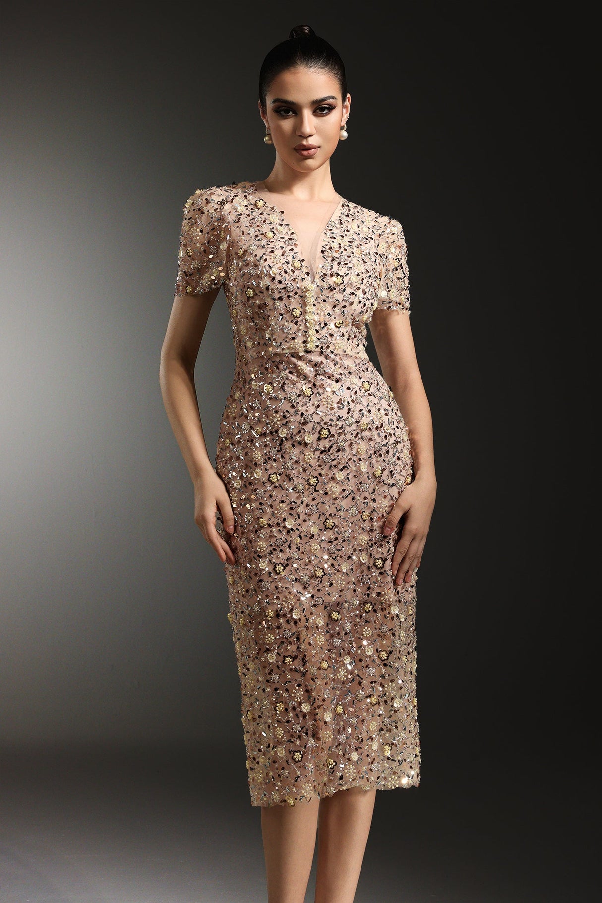 Margherita Beige Embellished V-Neckline Dress Short Sleeves Elegant Silhouette Special Occasion Fitted Waist Fashion-Forward Chic Accessories Radiant Confidence