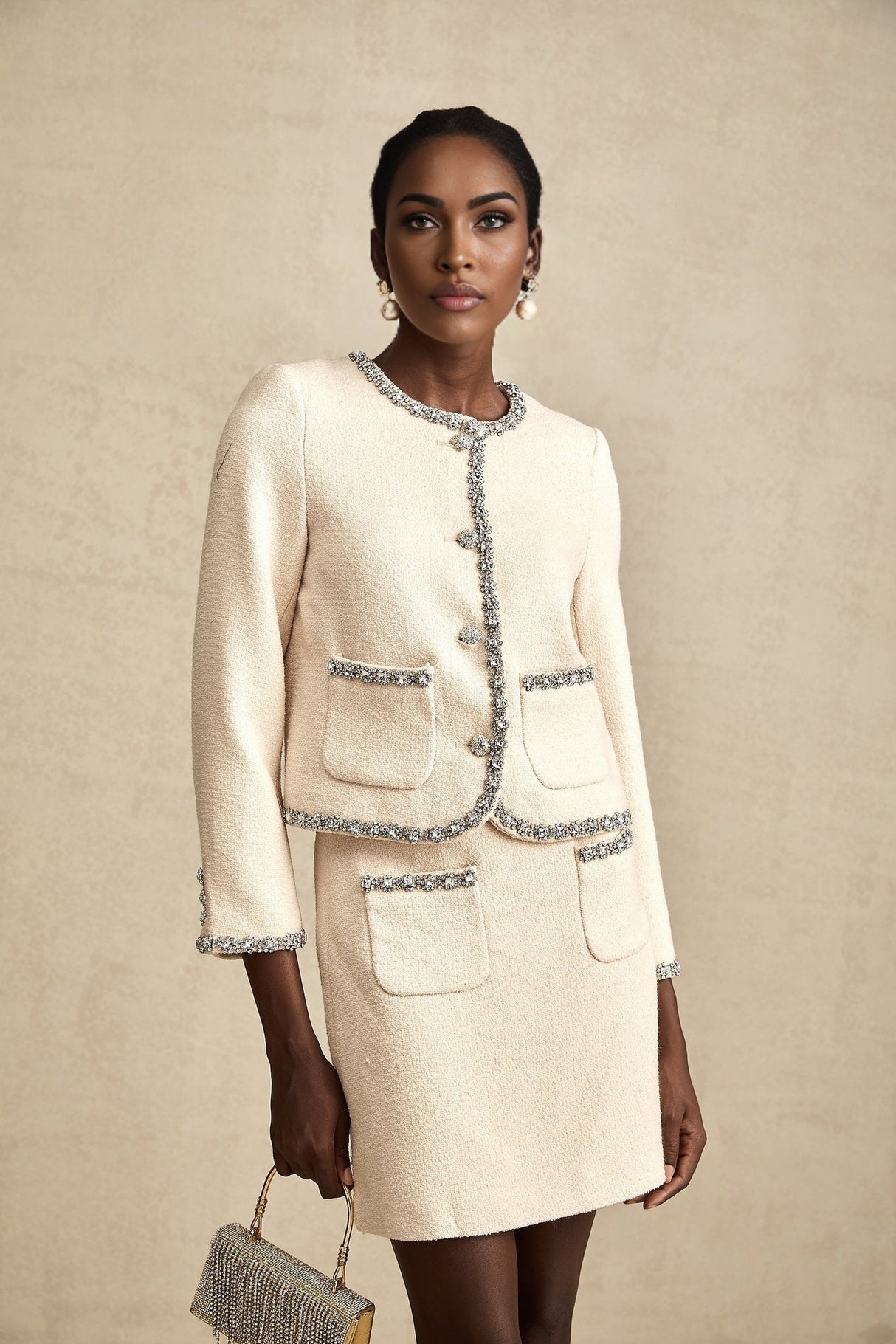 Margherita Cardigan & Skirt Beige Crystal Tweed Set