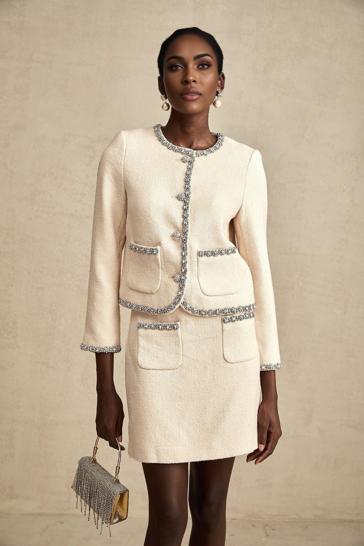 Margherita Cardigan & Skirt Beige Crystal Tweed Set