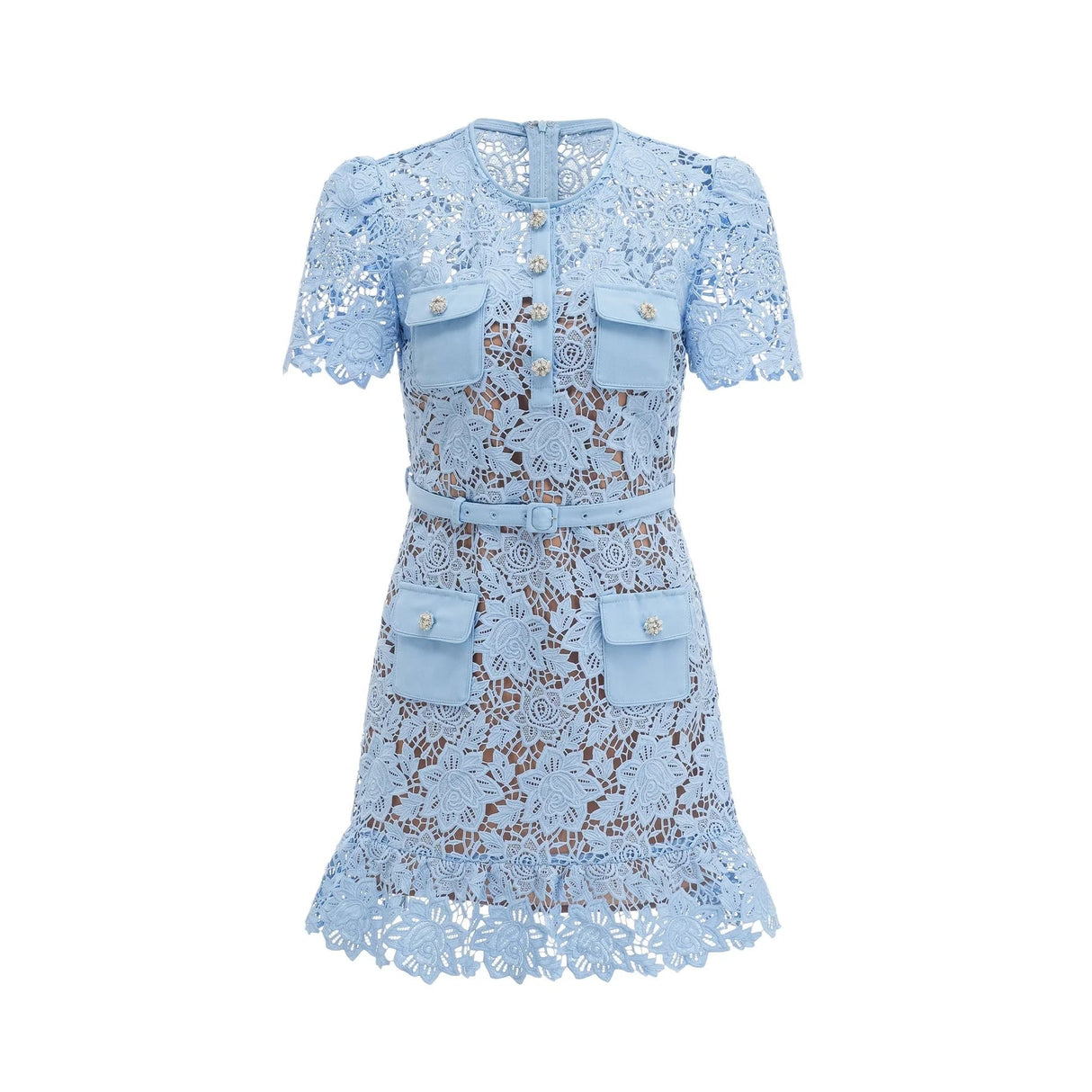 Margherita Mini Dress Blue Floral Appliqu Ruffled & Belted