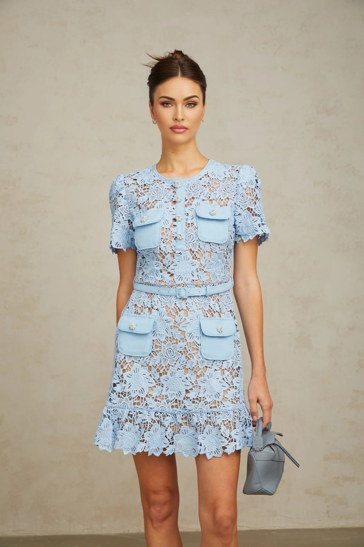 Margherita Mini Dress Blue Floral Appliqu Ruffled & Belted
