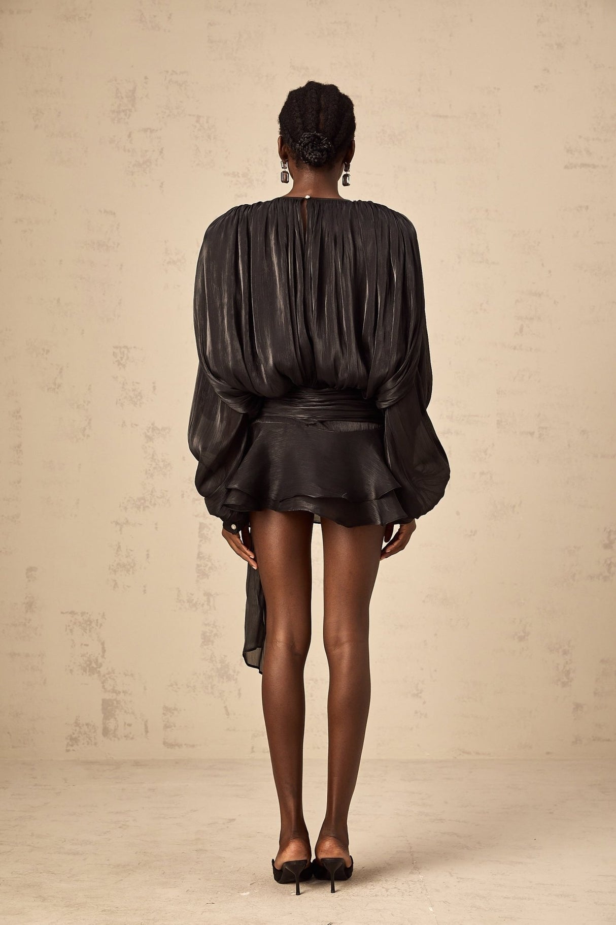 Margherita Mini Dress Twist Design Shoulder Pads Ruffled Hem Glitter