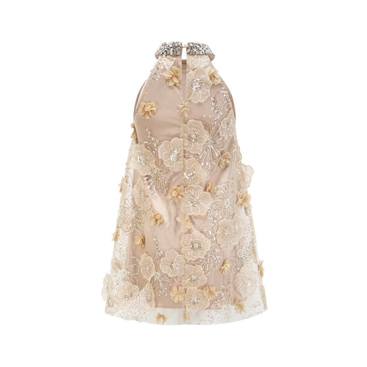 Margherita Mini Dress with Floral Appliqué and Crystal Embellishment