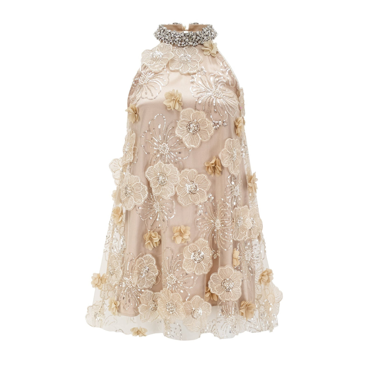 Margherita Mini Dress with Floral Appliqué and Crystal Embellishment
