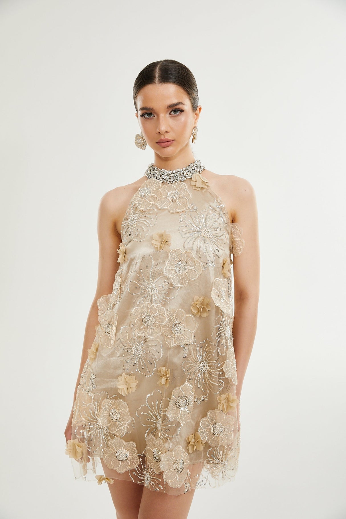 Margherita Mini Dress with Floral Appliqué and Crystal Embellishment