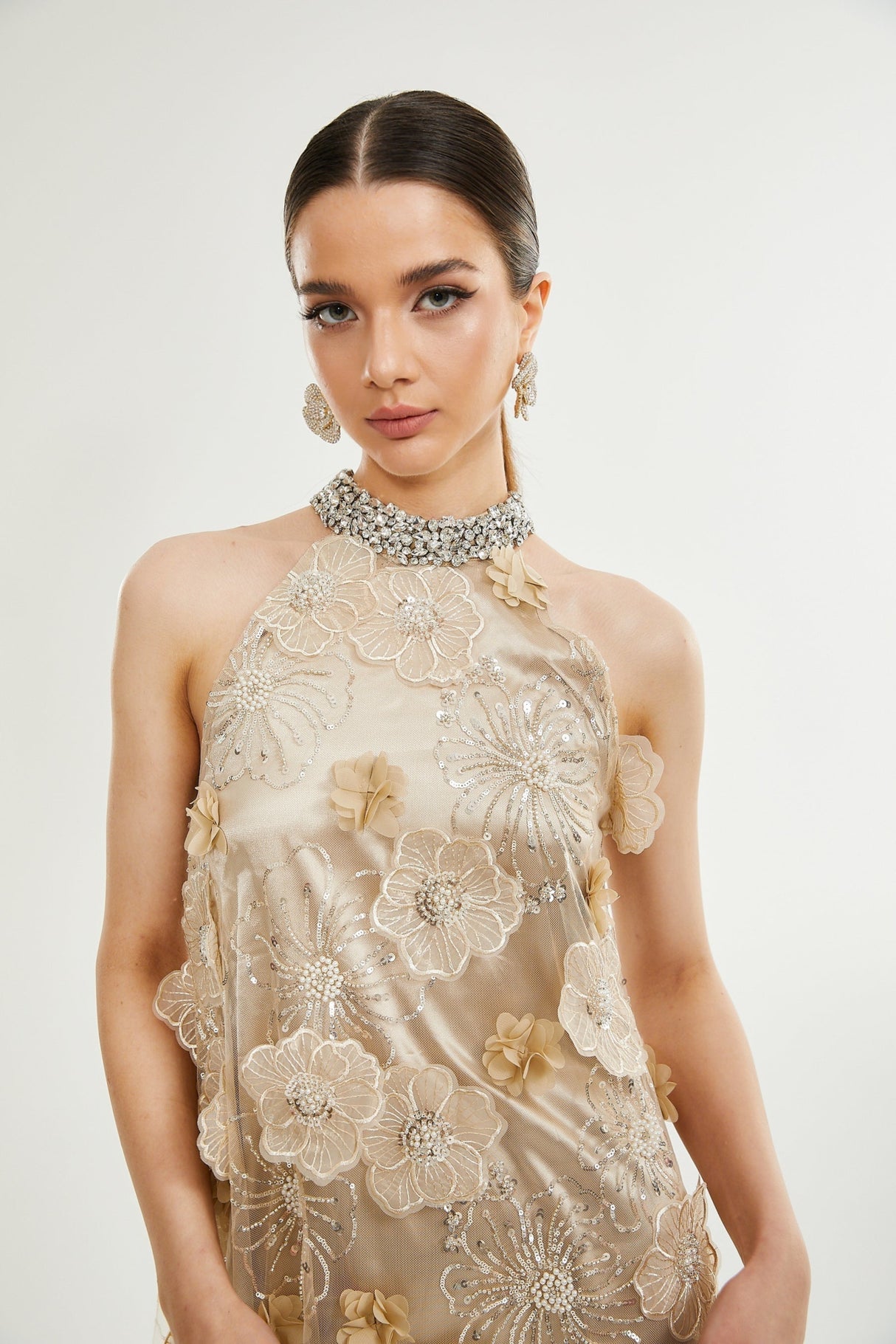 Margherita Mini Dress with Floral Appliqué and Crystal Embellishment