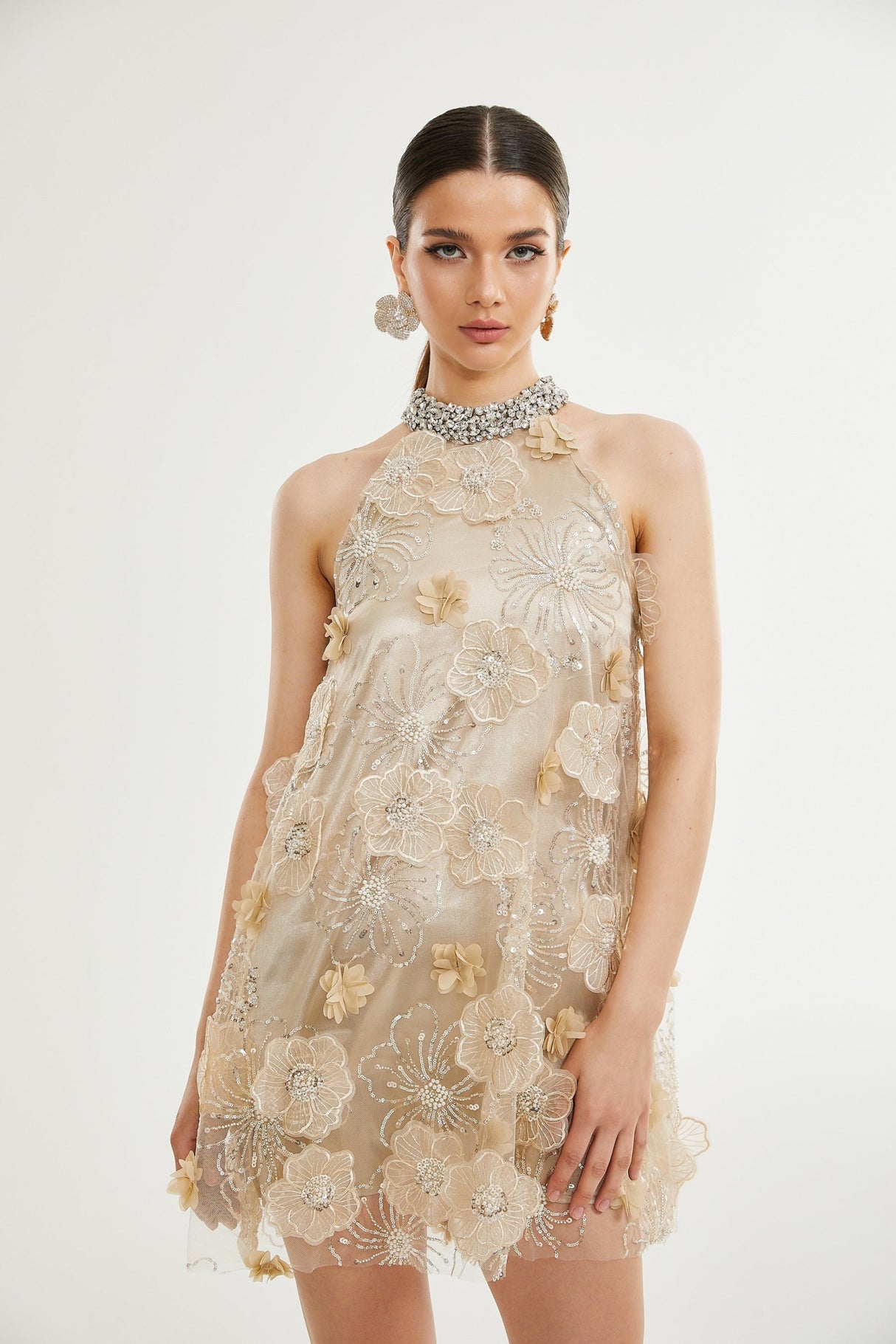 Margherita Mini Dress with Floral Appliqué and Crystal Embellishment