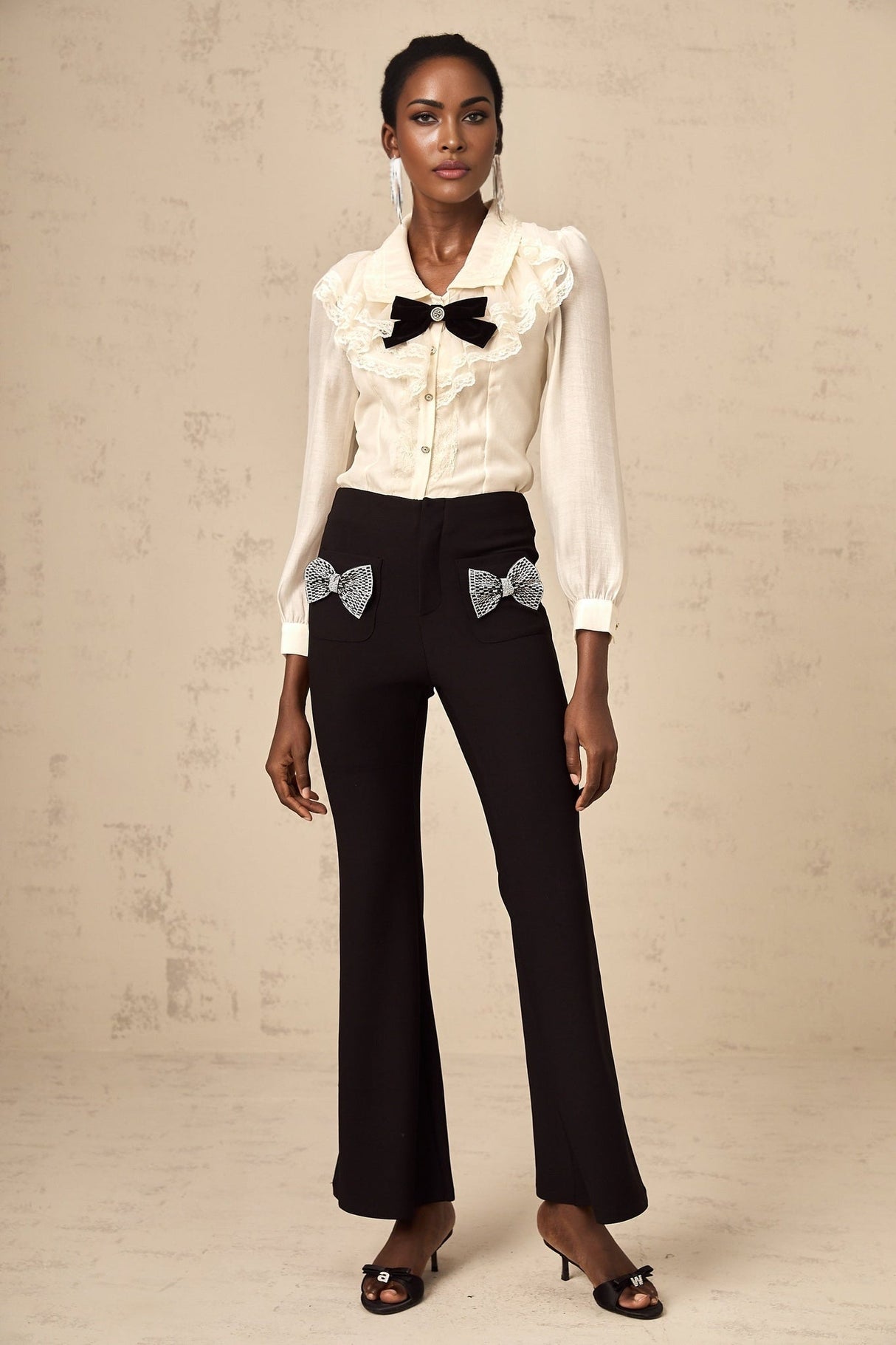 Margherita Trousers Black Studded Bow Flared Hem