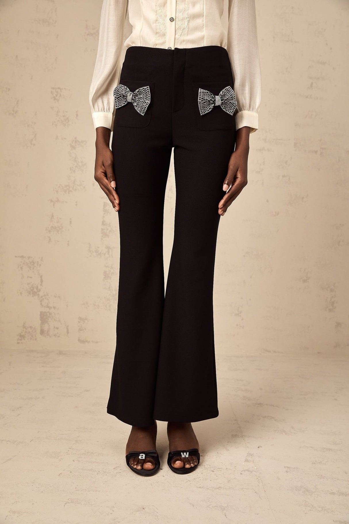 Margherita Trousers Black Studded Bow Flared Hem