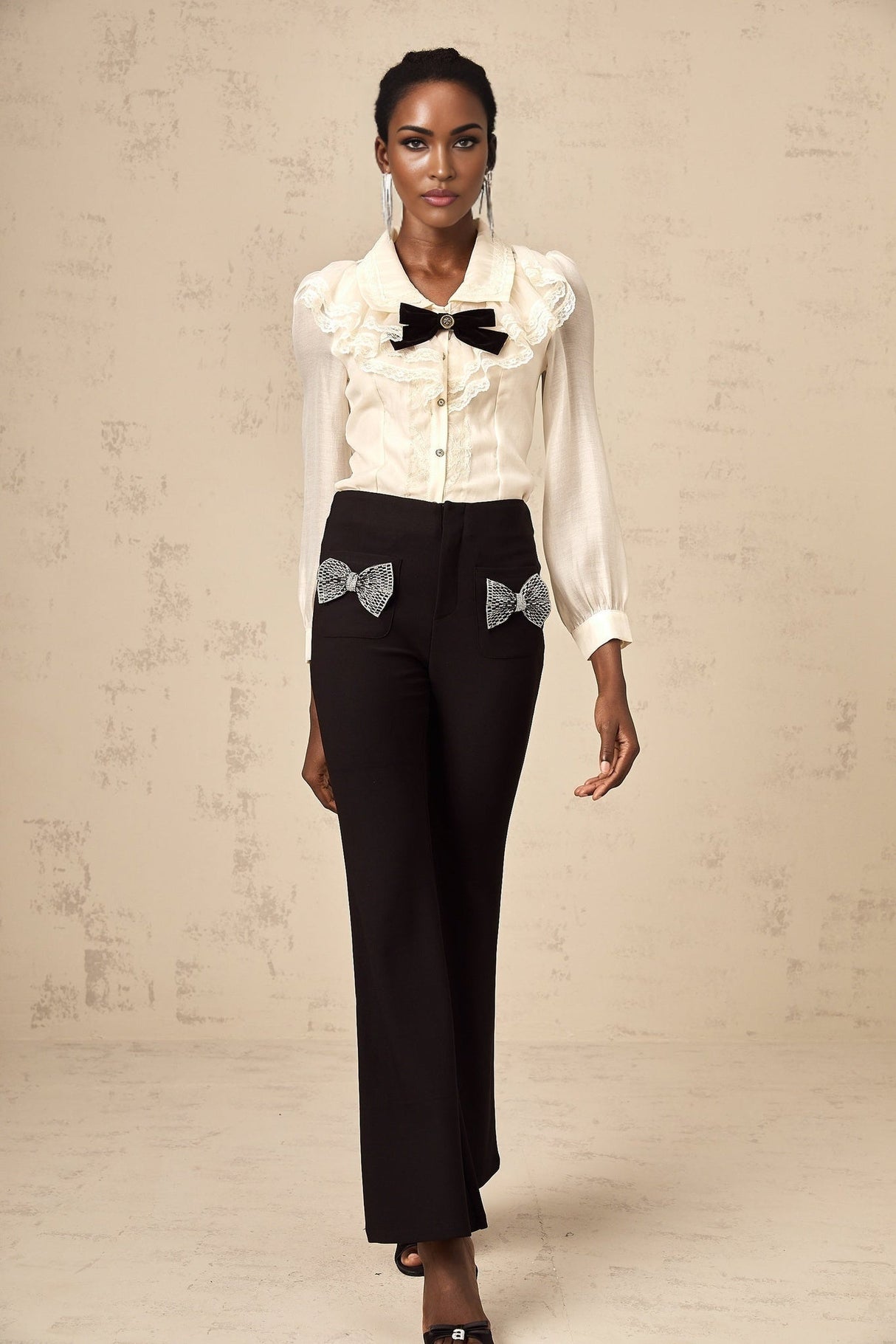 Margherita Trousers Black Studded Bow Flared Hem