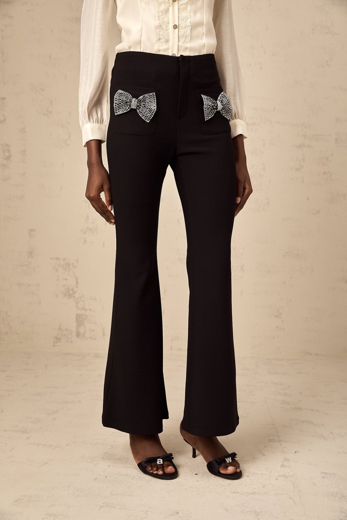 Margherita Trousers Black Studded Bow Flared Hem