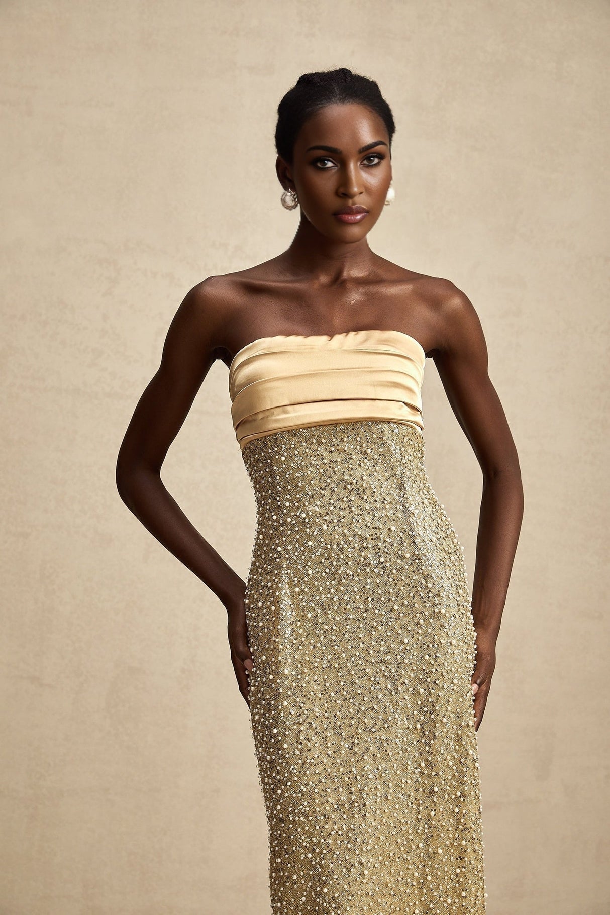 Marguerite Gold Strapless Maxi Dress With Faux Pearls and Sequin Detailing