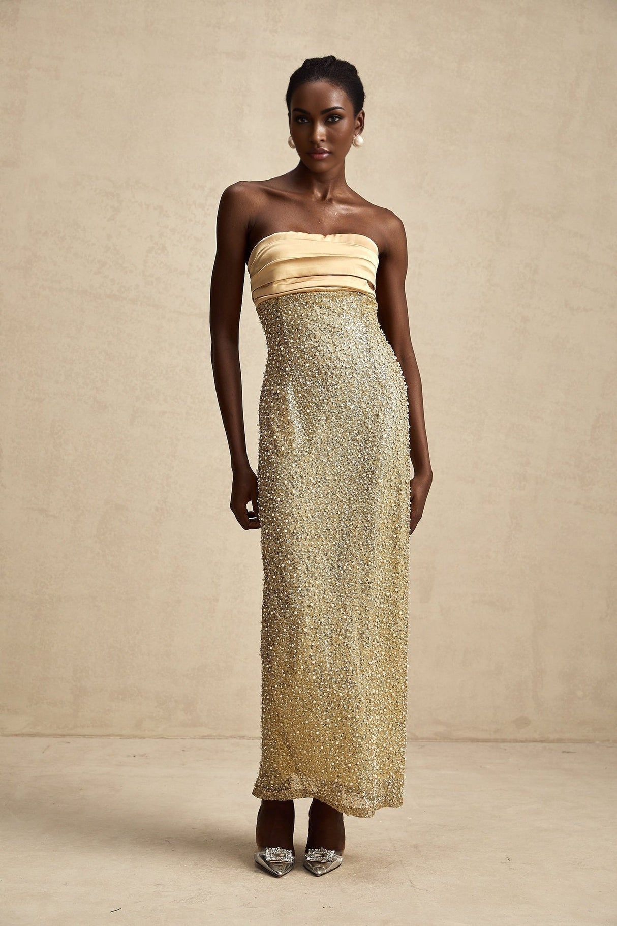 Marguerite Gold Strapless Maxi Dress With Faux Pearls and Sequin Detailing
