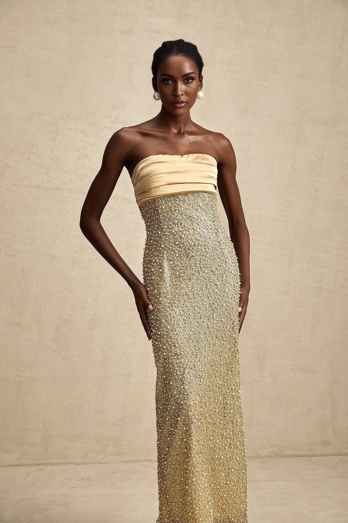 Marguerite Gold Strapless Maxi Dress With Faux Pearls and Sequin Detailing