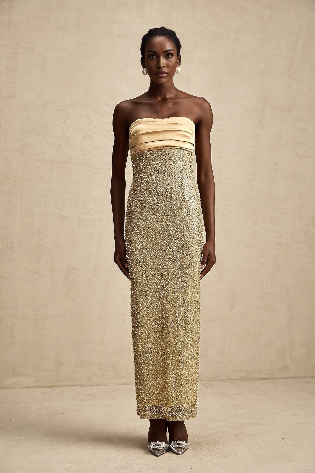 Marguerite Gold Strapless Maxi Dress With Faux Pearls and Sequin Detailing