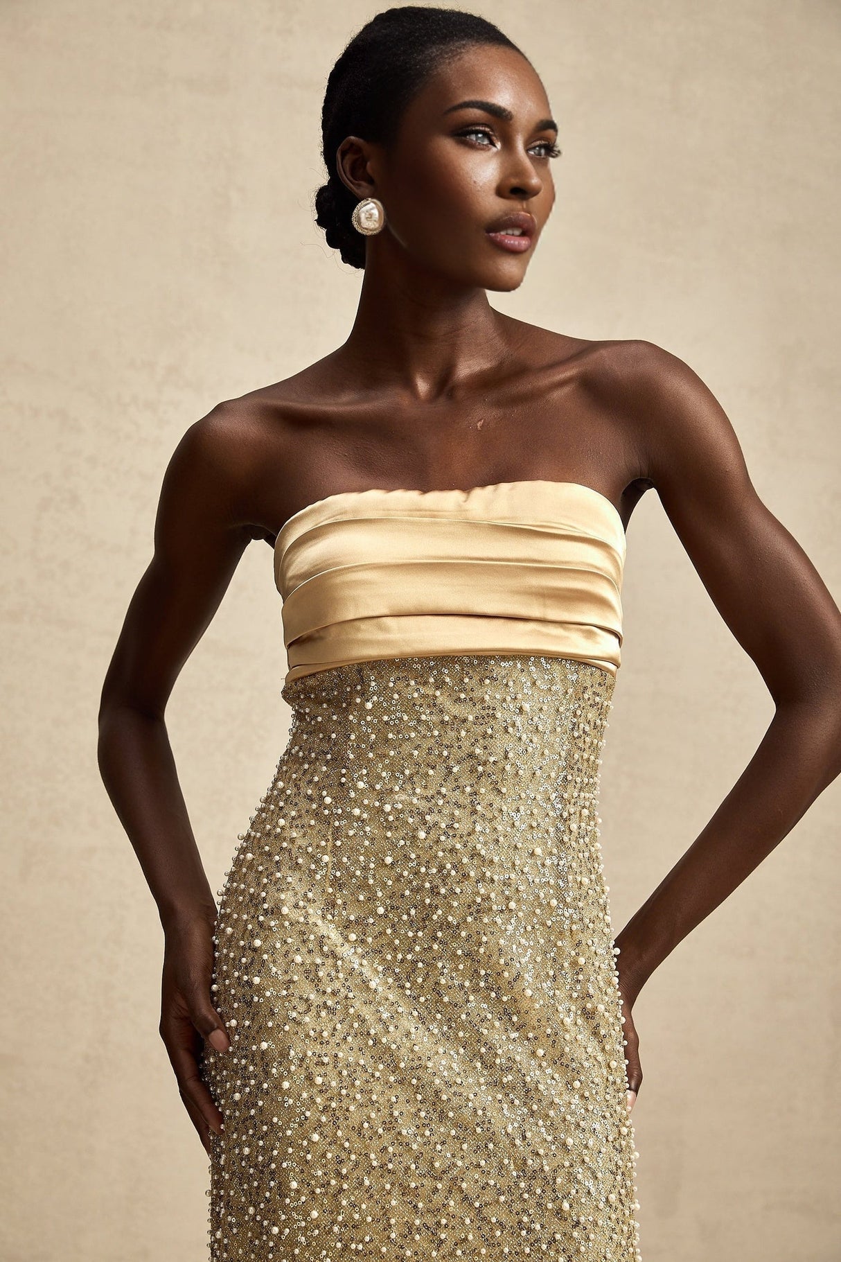 Marguerite Gold Strapless Maxi Dress With Faux Pearls and Sequin Detailing
