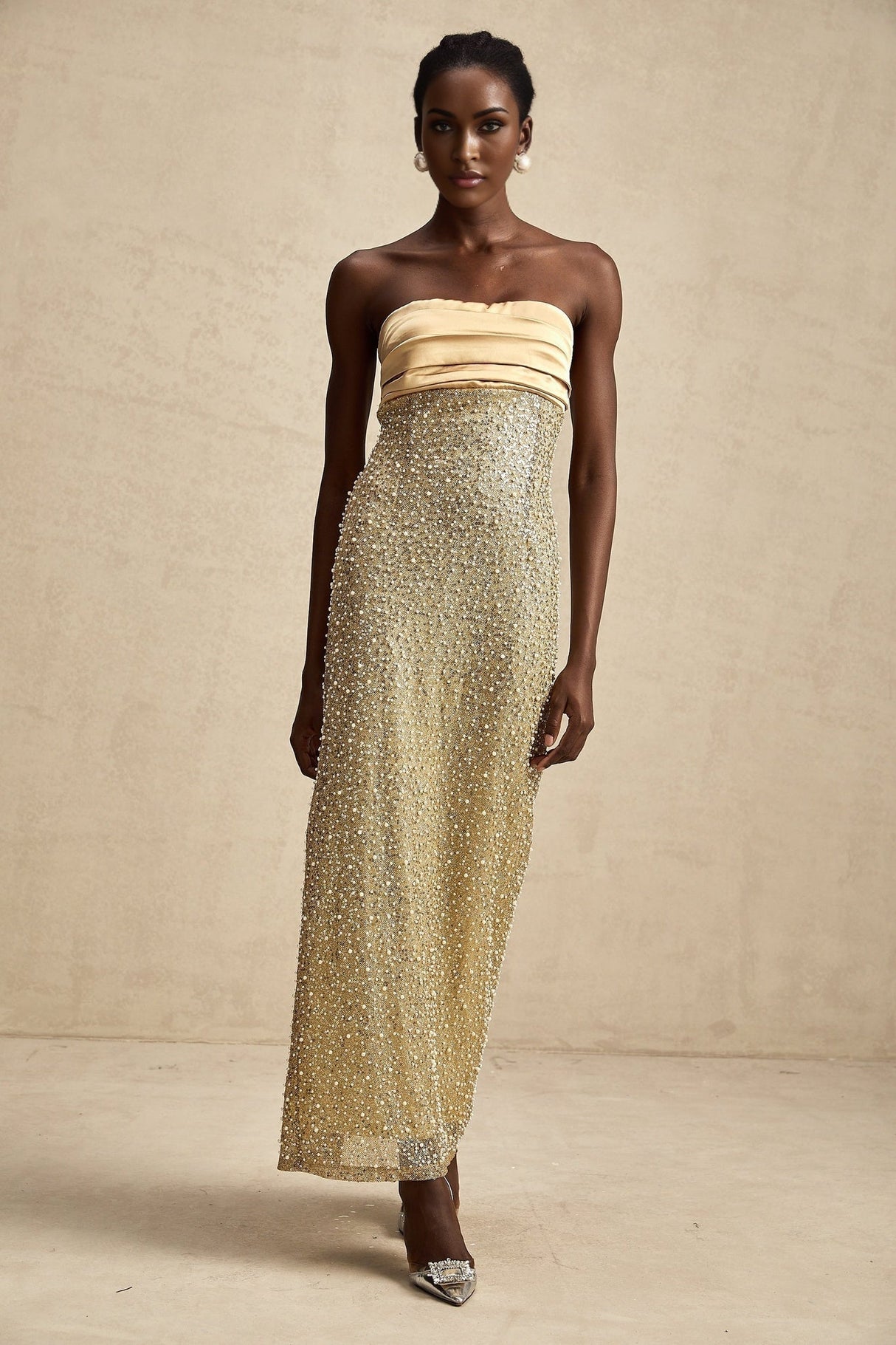 Marguerite Gold Strapless Maxi Dress With Faux Pearls and Sequin Detailing