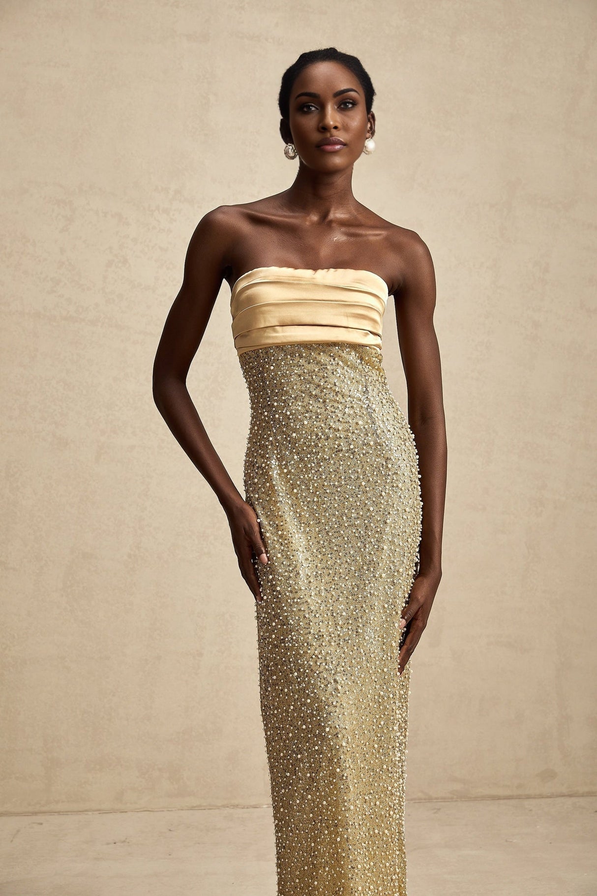 Marguerite Gold Strapless Maxi Dress With Faux Pearls and Sequin Detailing