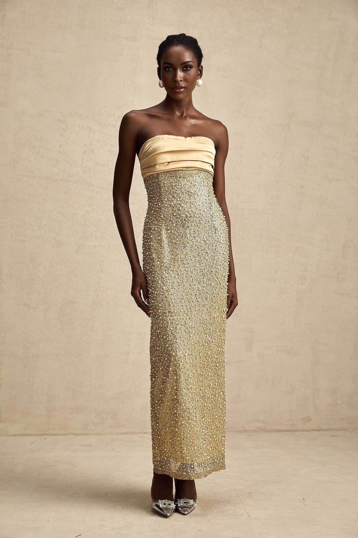 Marguerite Gold Strapless Maxi Dress With Faux Pearls and Sequin Detailing