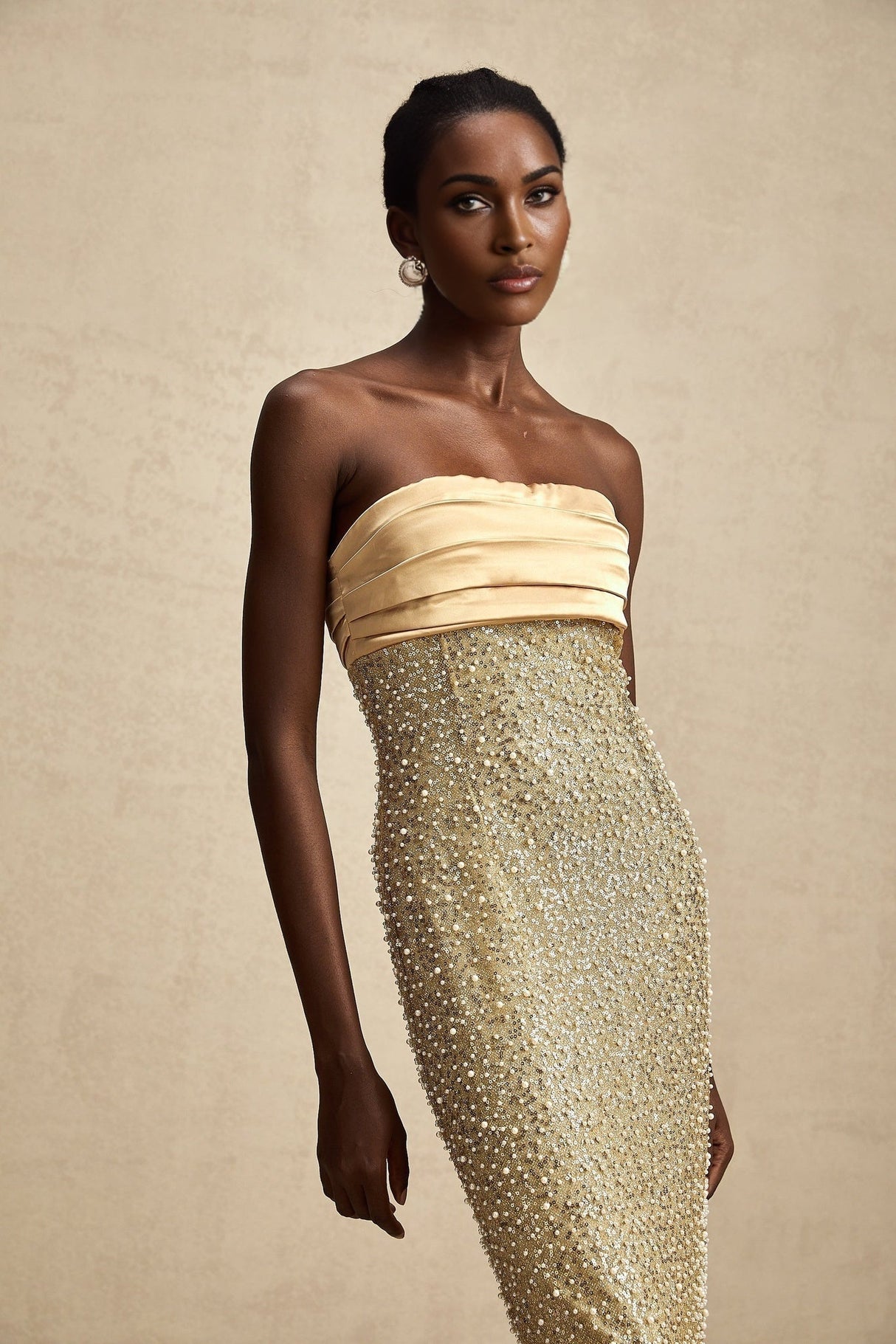 Marguerite Gold Strapless Maxi Dress With Faux Pearls and Sequin Detailing