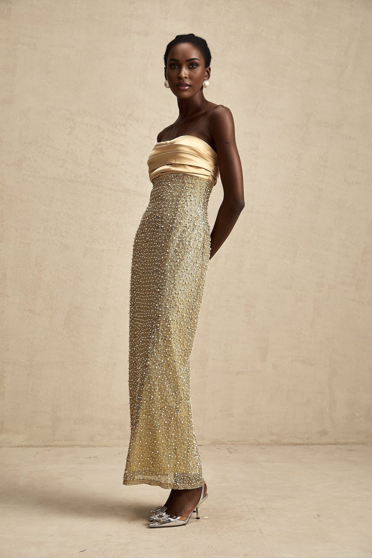Marguerite Gold Strapless Maxi Dress With Faux Pearls and Sequin Detailing