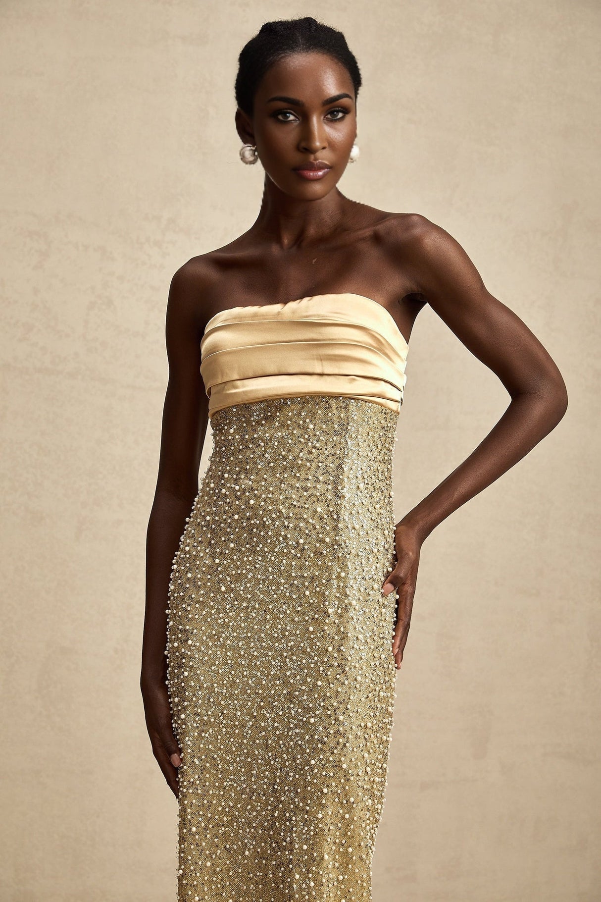 Marguerite Gold Strapless Maxi Dress With Faux Pearls and Sequin Detailing