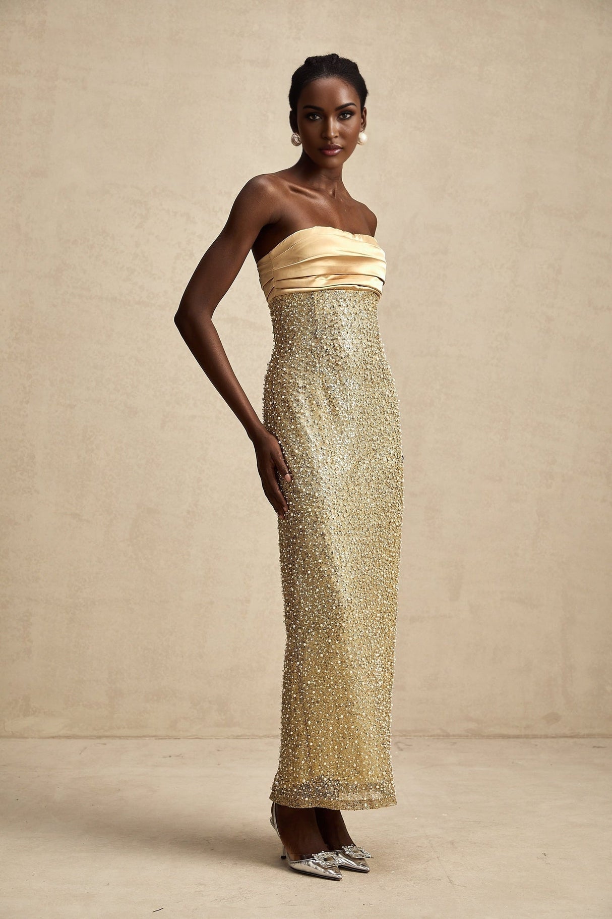 Marguerite Gold Strapless Maxi Dress With Faux Pearls and Sequin Detailing