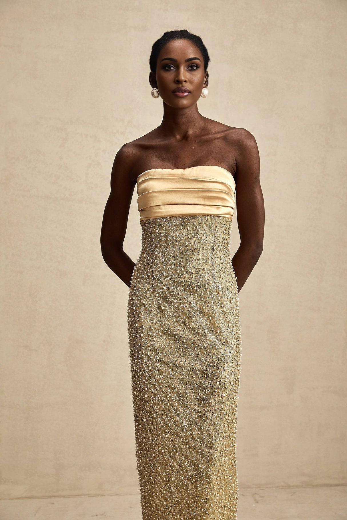 Marguerite Gold Strapless Maxi Dress With Faux Pearls and Sequin Detailing