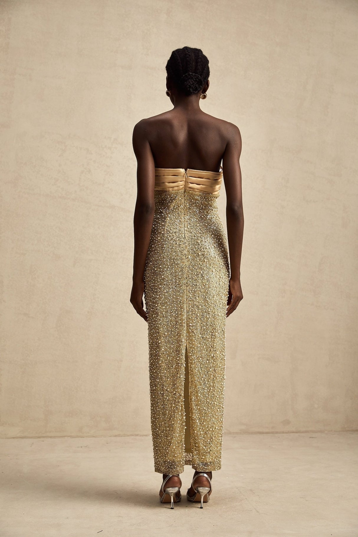 Marguerite Gold Strapless Maxi Dress With Faux Pearls and Sequin Detailing